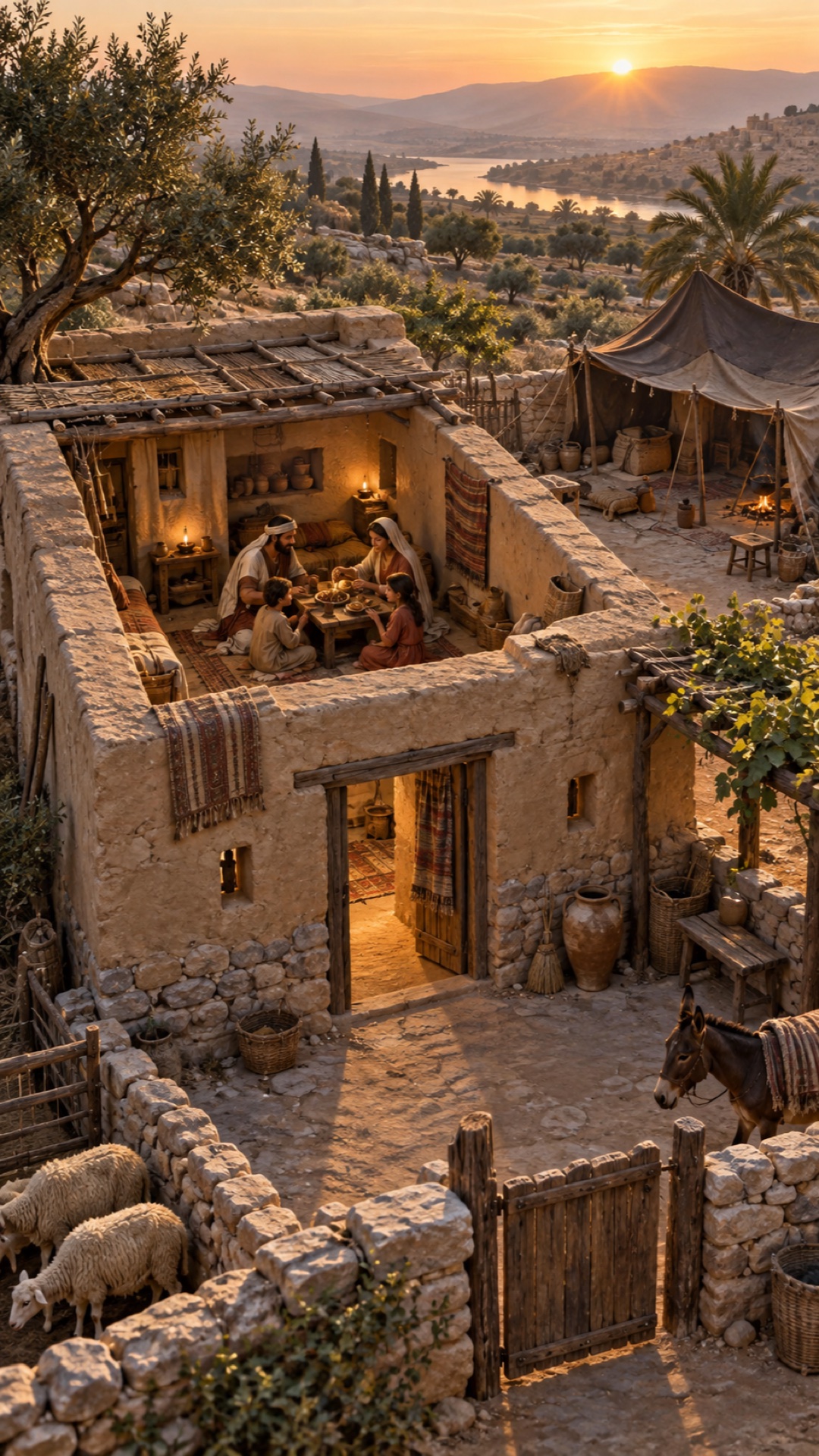 Illustrated house in a terraced landscape